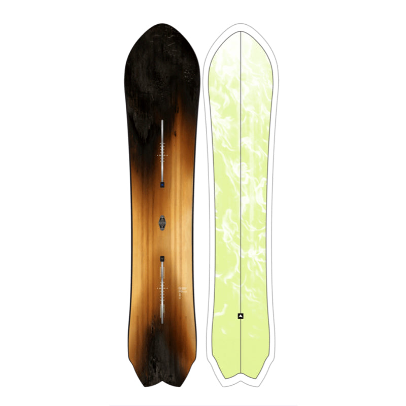 Two views of a snowboard with a black and brown gradient on one side and a green and white pattern on the other, on a white background.