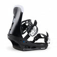 Black snowboard binding on a white background