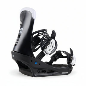 Black snowboard binding on a white background