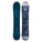 Two views of a snowboard with a dark blue top and purple patterned bottom on a white background.