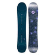 Two views of a snowboard with a dark blue top and purple patterned bottom on a white background.