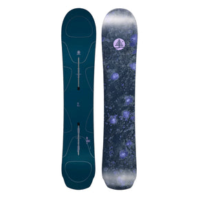 Two views of a snowboard with a dark blue top and purple patterned bottom on a white background.