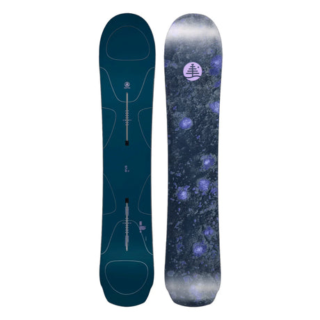 Two views of a snowboard with a dark blue top and purple patterned bottom on a white background.