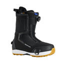Black snowboard boot with brown sole on a white background
