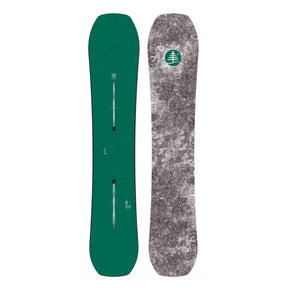 Green and gray snowboard with a brand logo on a white background