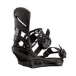 Black snowboard binding on a white background