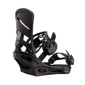 Black snowboard binding on a white background