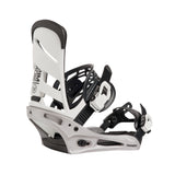White and black snowboard binding on a white background