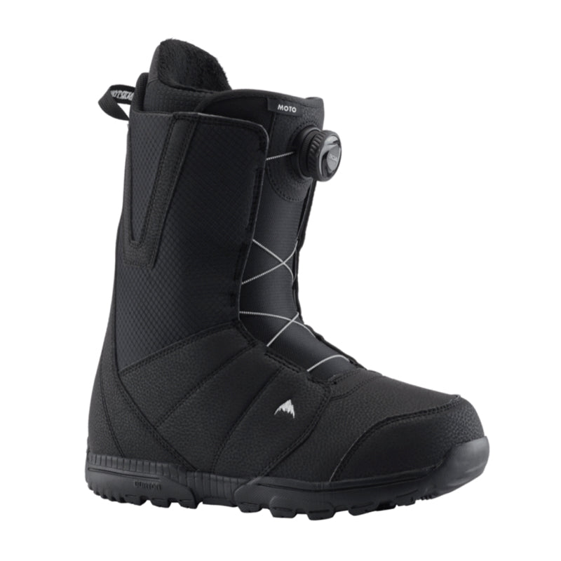 Black snowboard boot with visible brand logo on a white background