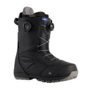 Black snowboard boot with gray sole on a white background