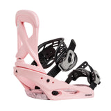 Pink snowboard binding with black straps on a white background