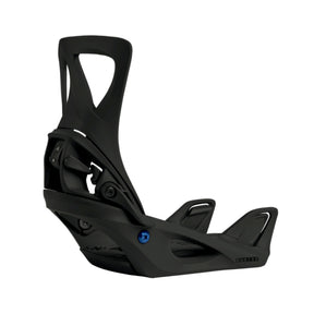 Black snowboard binding on a white background