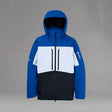 Blue and white jacket with a hood on a light gray background