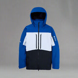 Blue and white jacket with a hood on a light gray background