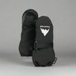 Black mittens with a visible brand logo on a white background
