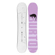 Two views of a Burton snowboard with a purple and white design on a white background