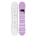 Two views of a Burton snowboard with a purple and white design on a white background