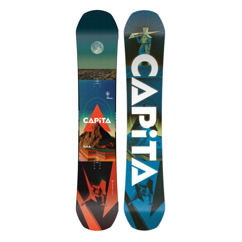 Two CAPiTA snowboards with colorful designs on a white background