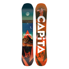 Two CAPiTA snowboards with artistic designs on a white background