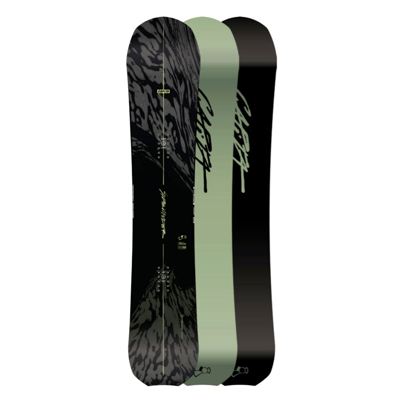 Black and green snowboard with branding on a white background