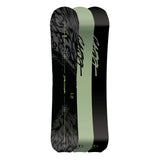 Black and green snowboard with branding on a white background