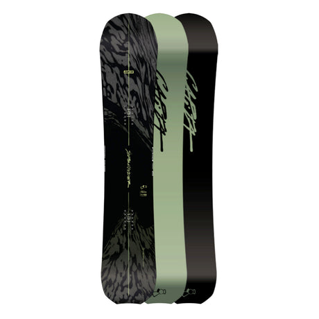 Black and green snowboard with branding on a white background