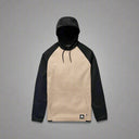 Hoodie with black sleeves and beige body on a white background