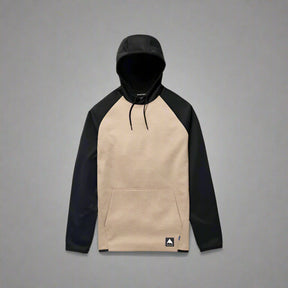 Hoodie with black sleeves and beige body on a white background