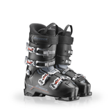 Black ski boots with silver buckles on a white background