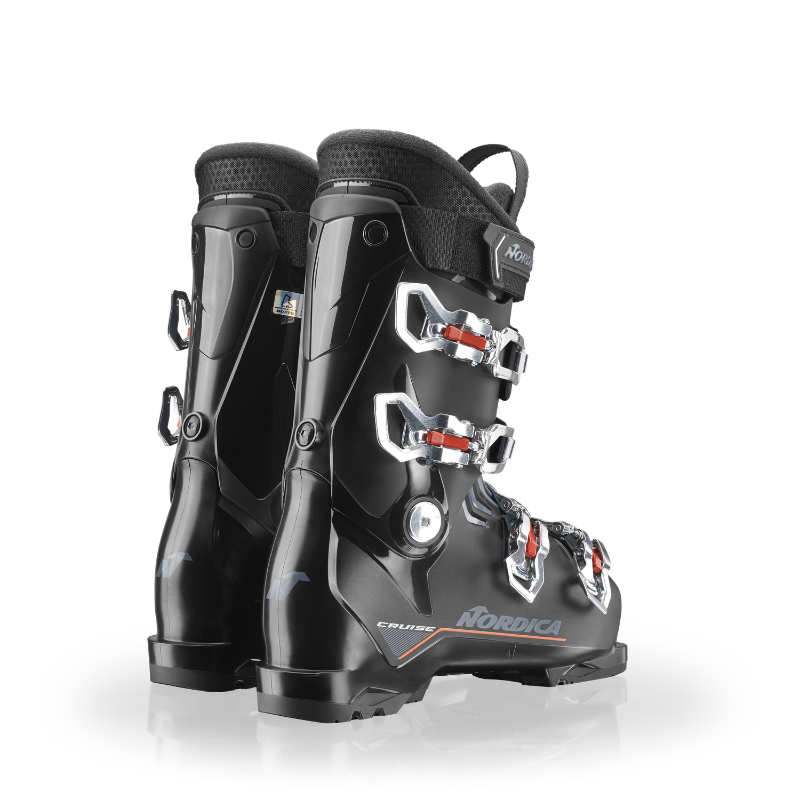 Black ski boots with visible brand logo on a white background