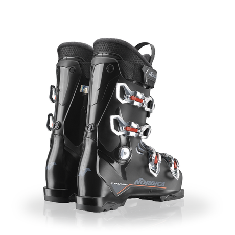 Black ski boots with visible brand logo on a white background