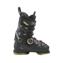 Black ski boot with visible branding on a gray background