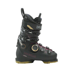 Black ski boot with visible branding on a gray background