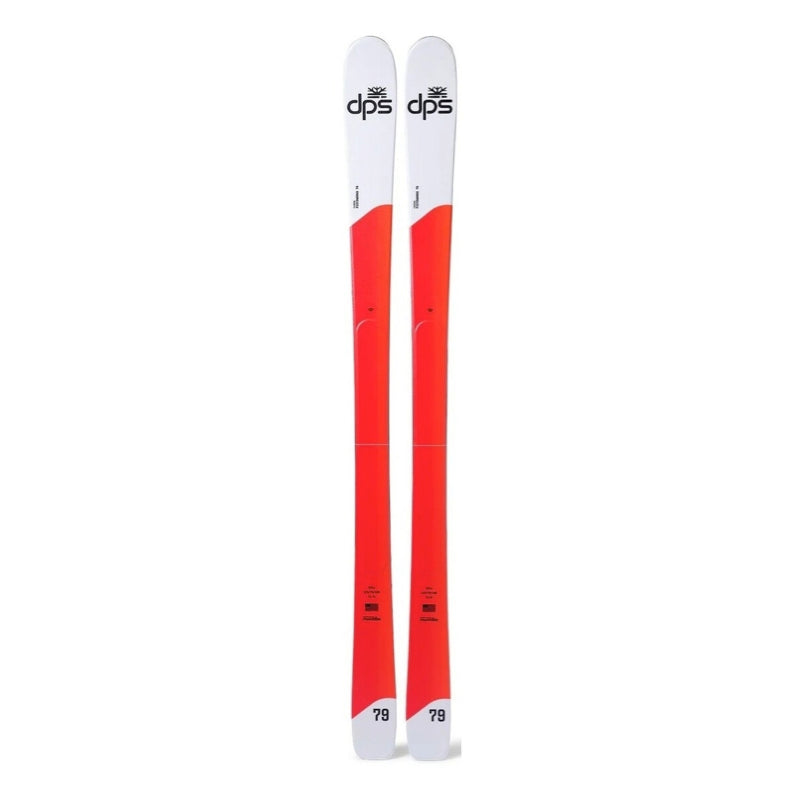 A pair of DPS alpine skis with a white and red colorway, shown vertically against a plain white background.
