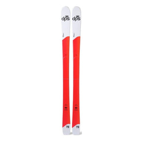A pair of DPS alpine skis with a white and red colorway, shown vertically against a plain white background.
