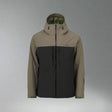 Two-tone jacket with olive green and black colors on a white background