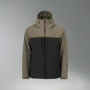 Two-tone jacket with olive green and black colors on a white background