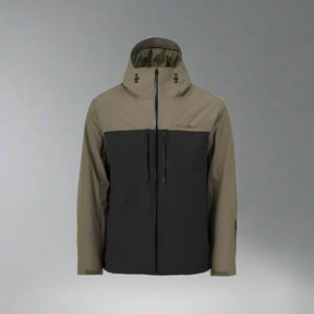 Two-tone jacket with olive green and black colors on a white background