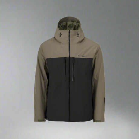 Two-tone jacket with olive green and black colors on a white background