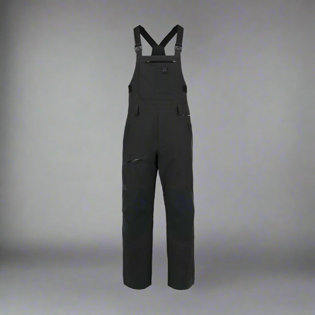 Black bib overalls on a white background