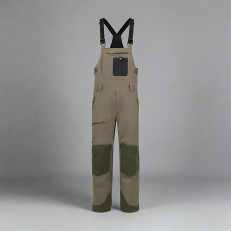 Brown bib overalls with black accents on a white background