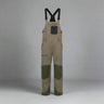 Brown bib overalls with black accents on a white background