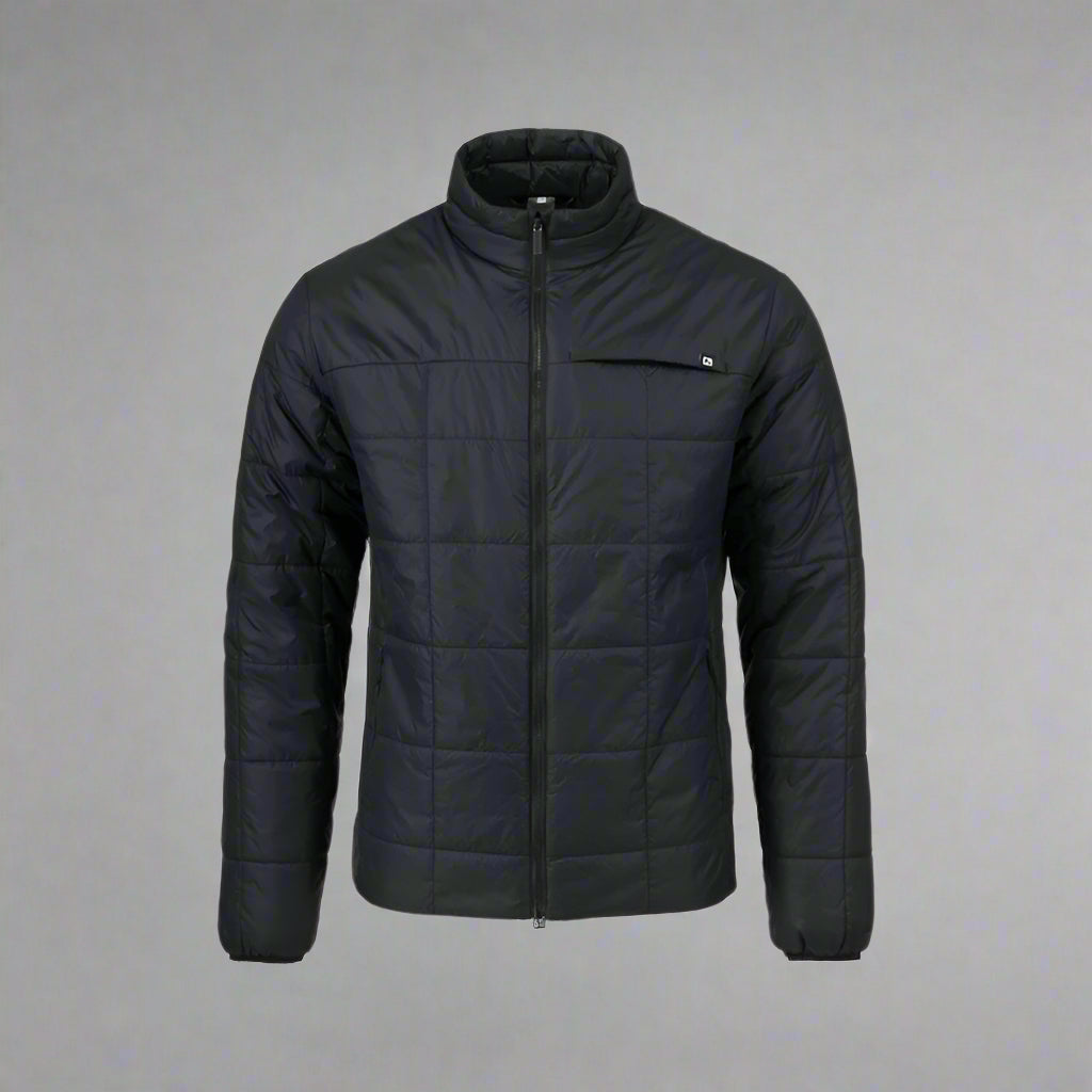 Black quilted jacket on a white background