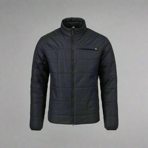 Black quilted jacket on a white background