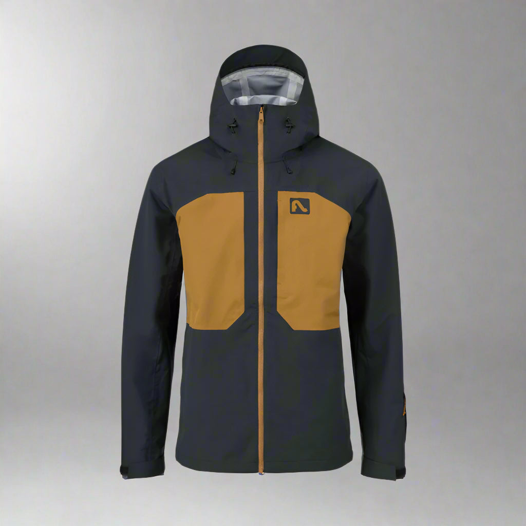 Black and brown jacket with a brand logo on a white background