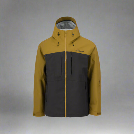 Two-tone yellow and black jacket with a brand logo on a white background