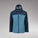 Two-tone blue and black jacket with a brand logo on a white background