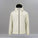Beige jacket with black zipper and hood on a white background