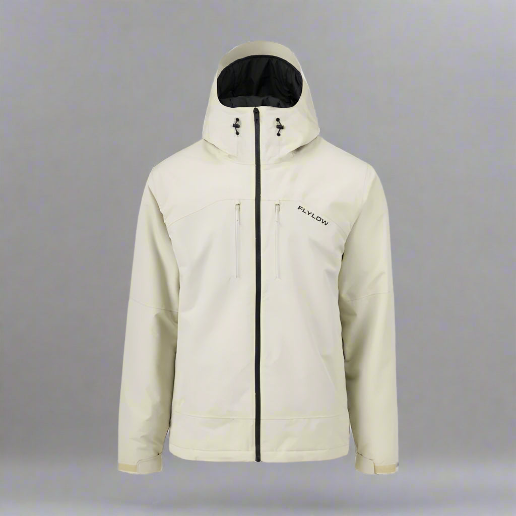 Beige jacket with black zipper and hood on a white background