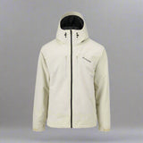 Beige jacket with black zipper and hood on a white background